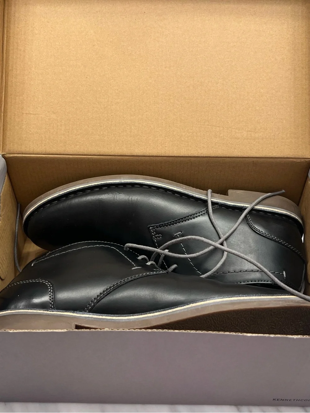 Kenneth Cole Reaction Black Leather Chukka Boots with Tan Welt